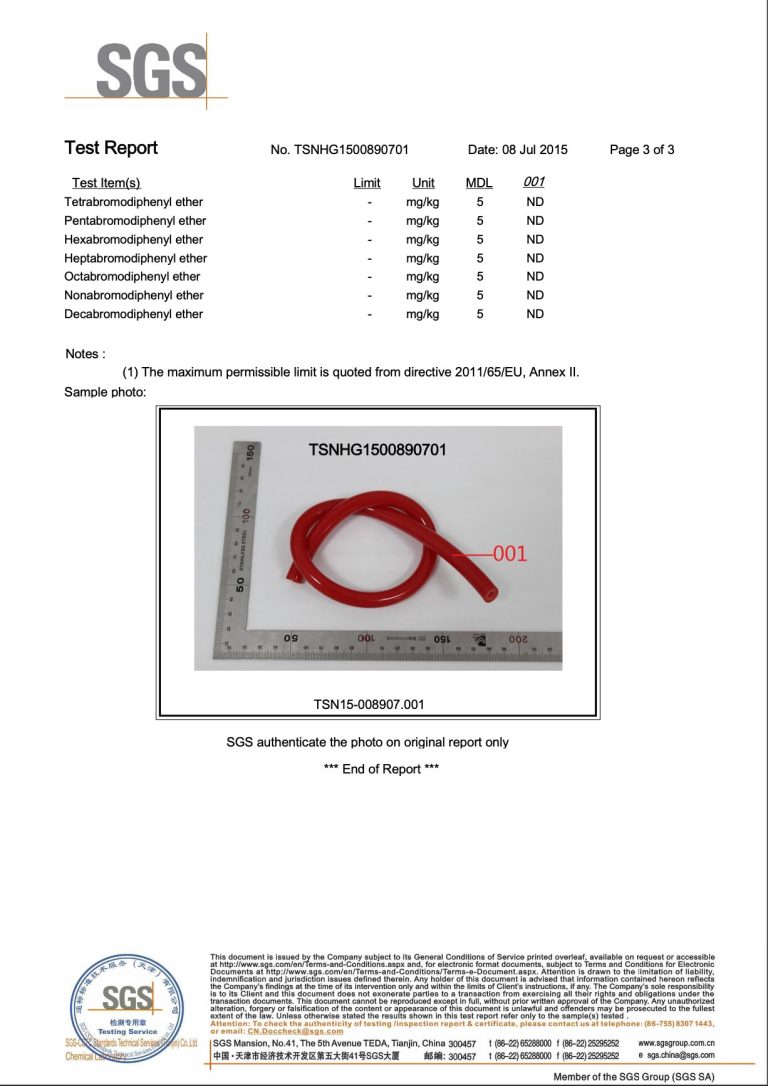 tube certification by SGS