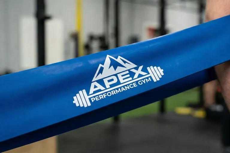 Close-up of a custom-branded resistance band with a professional gym logo